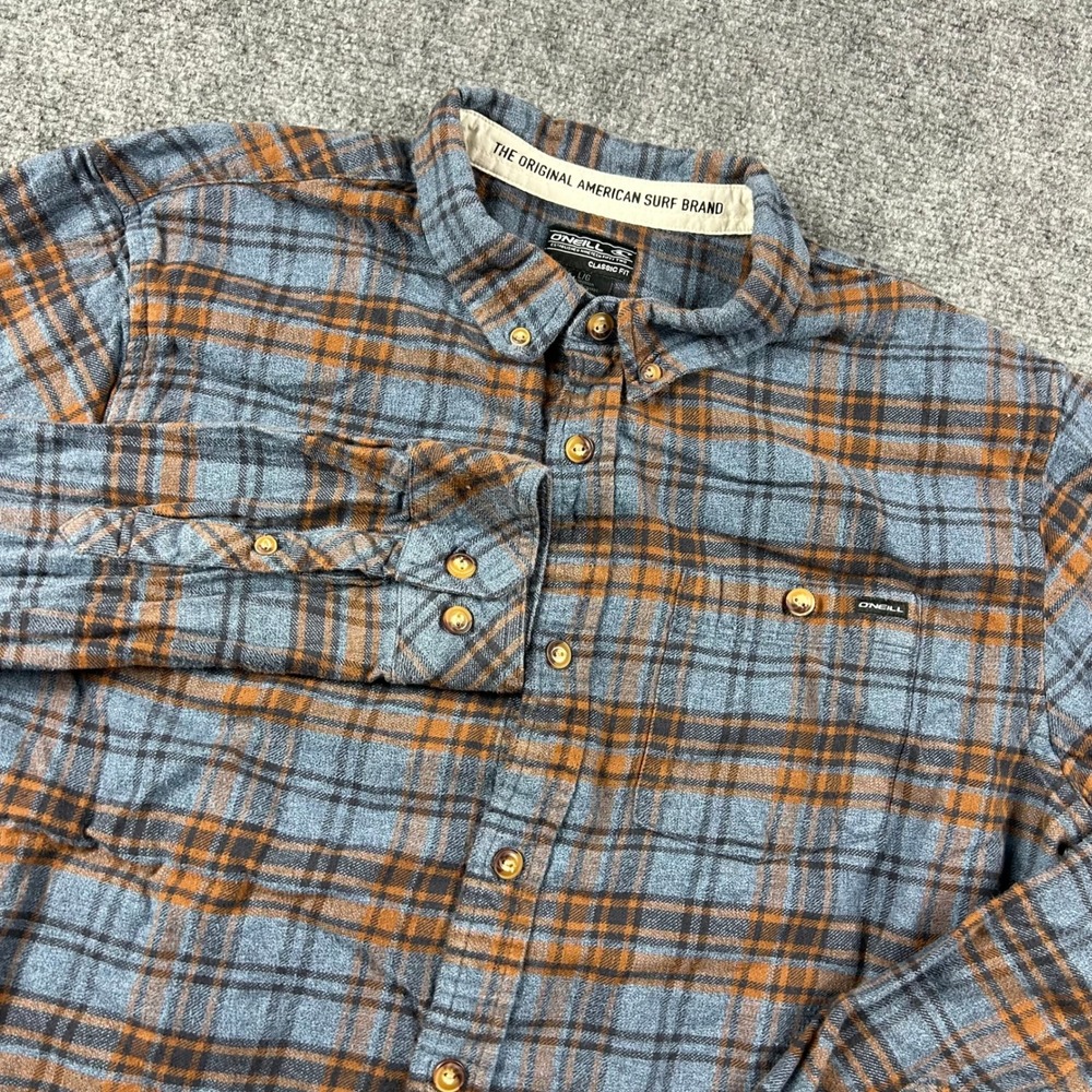 O'Neill Flannel Shirt Mens Large Blue Orange Plaid Long Sleeve Button Down Surf
